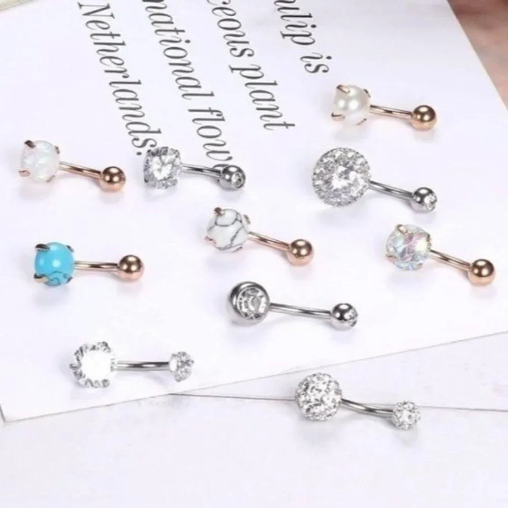 14G Rose Gold and Silver with Cubic Zirconia Belly Rings - Set of 10